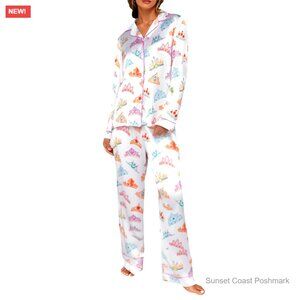 100% Cotton Royal Crown Tiara Pajama Set White Multi Button Front Pockets New